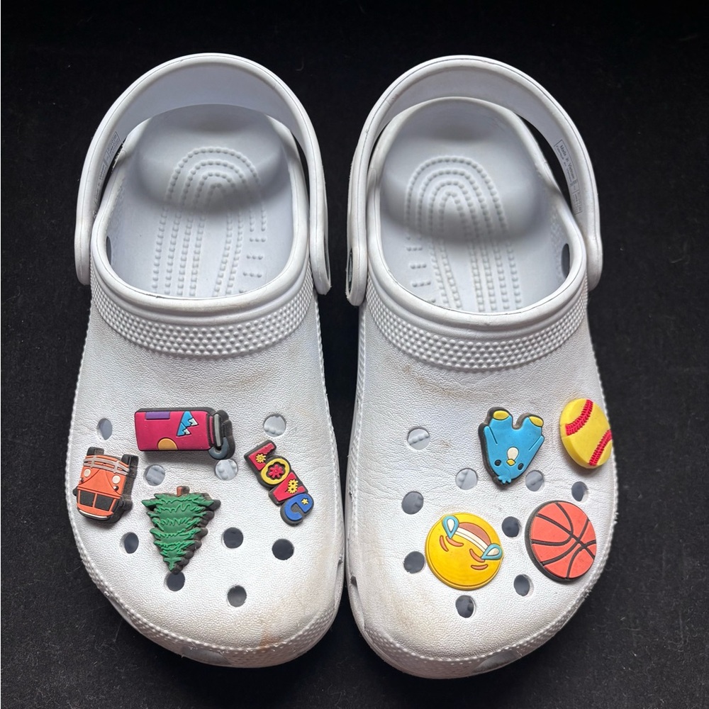 Kids Light Gray/Blue Crocs with Pins. Size 3